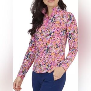 IBKUL MARISSA Pink Orange Swirl Long Sleeve Mock Neck Womens Golf Top Sz M